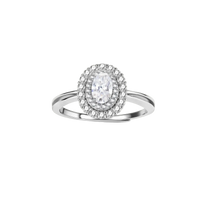 Sterling silver ring with oval moissanite center stone surrounded by double halo of sparkling stones on neutral background.