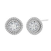 Double halo sterling silver stud earrings with brilliant round moissanite center stones and pavé crystal accents