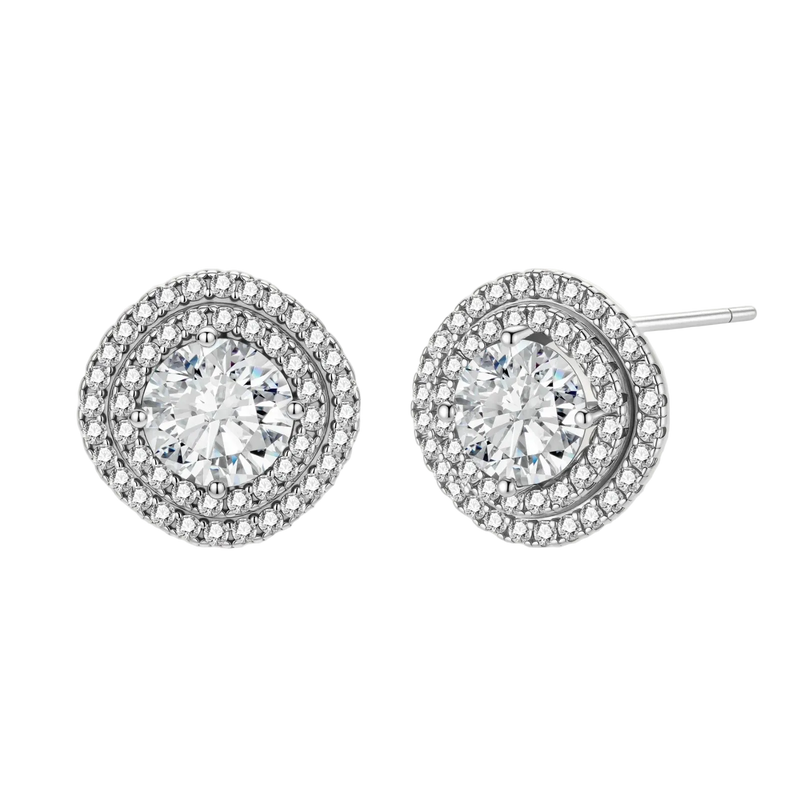 Double halo sterling silver stud earrings with brilliant round moissanite center stones and pavé crystal accents