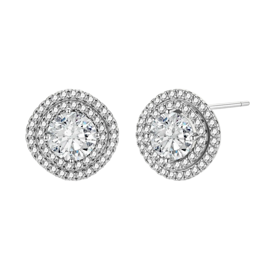 Double halo sterling silver stud earrings with brilliant round moissanite center stones and pavé crystal accents