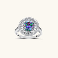Close-up of sterling silver halo ring with round rainbow moissanite center stone surrounded by baguette-cut stones