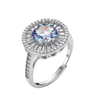 Close-up of sterling silver halo ring with round rainbow moissanite center stone surrounded by baguette-cut stones