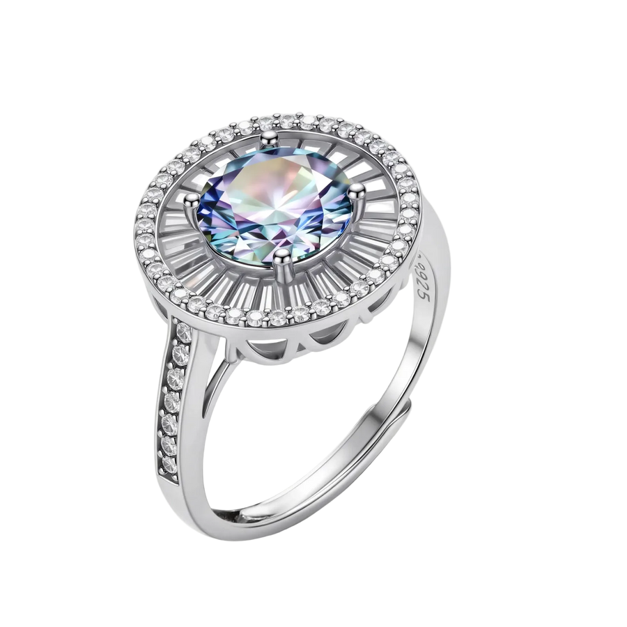 Close-up of sterling silver halo ring with round rainbow moissanite center stone surrounded by baguette-cut stones