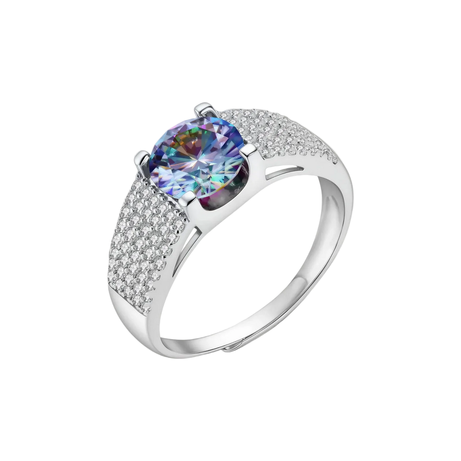 Sterling silver adjustable ring with brilliant round moissanite center stone and pavé diamond band showing rainbow fire