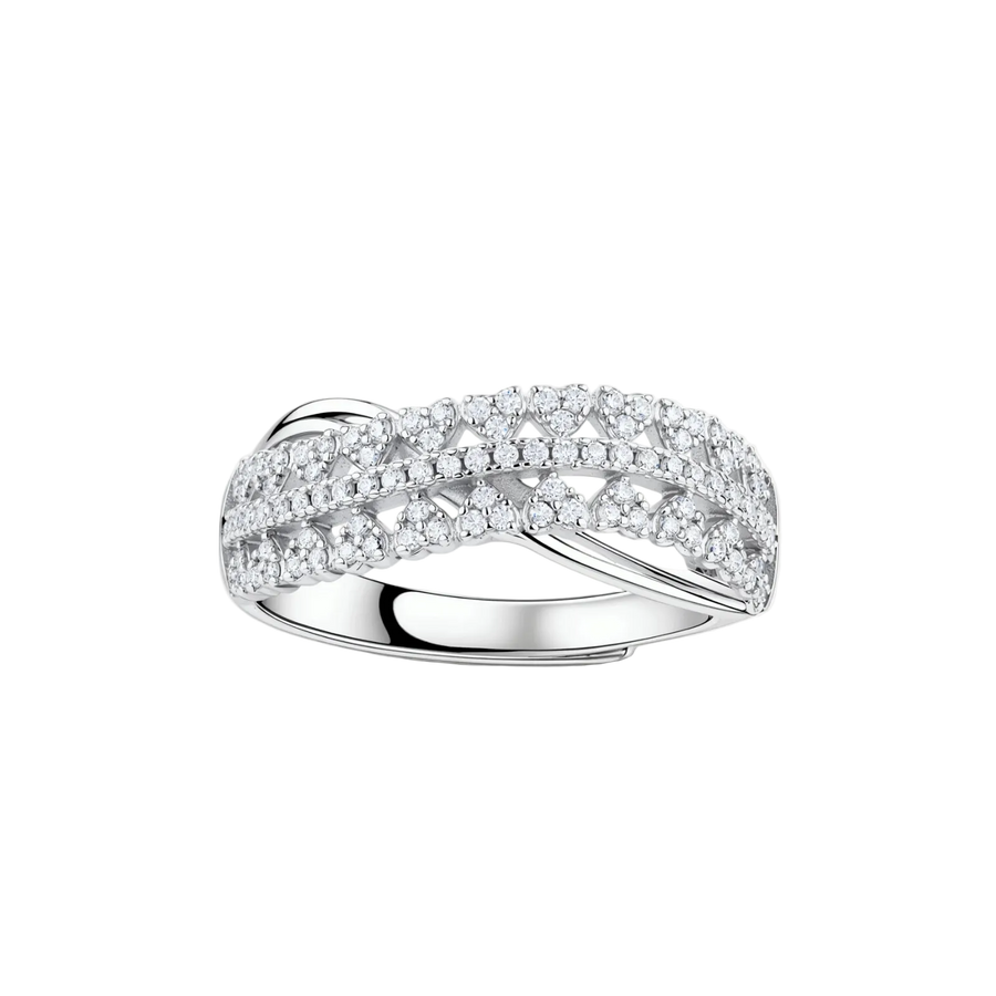 Sterling silver crossover ring with pavé-set moissanite stones creating an elegant infinity design on neutral background