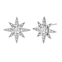 Sterling silver star-shaped stud earrings with brilliant moissanite center stones and pavé details on neutral background.