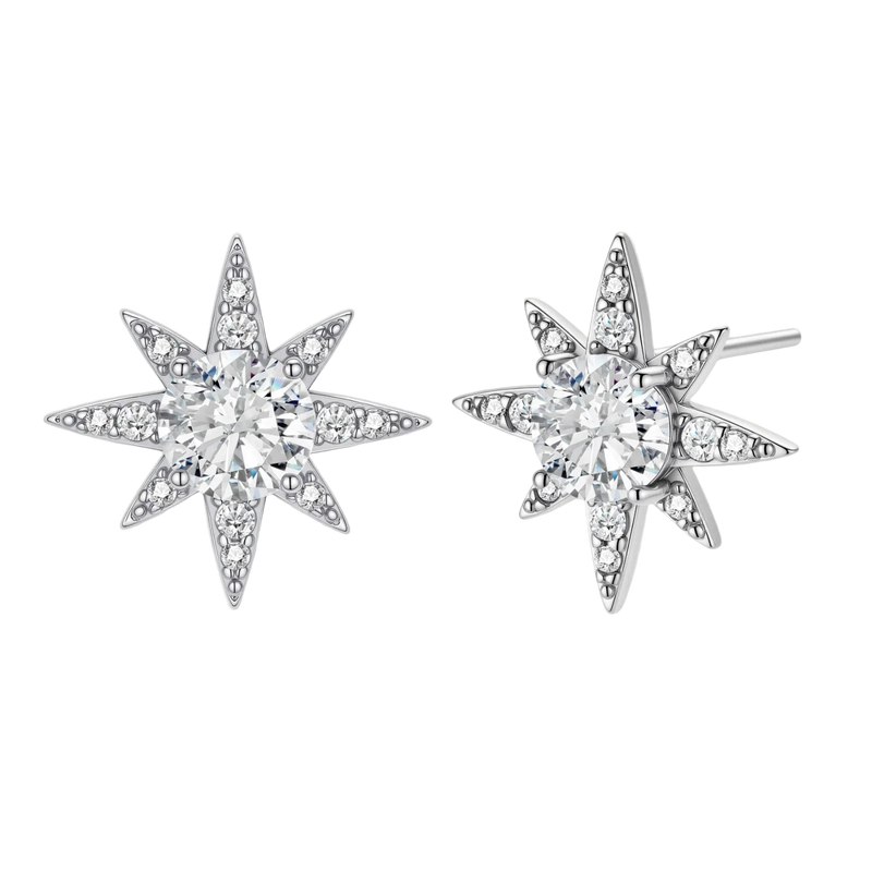 Sterling silver star-shaped stud earrings with brilliant moissanite center stones and pavé details on neutral background.
