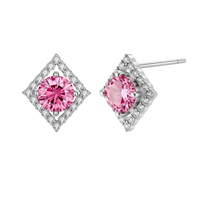 Sterling silver diamond-shaped stud earrings with pink moissanite center stones and crystal halo setting on white background