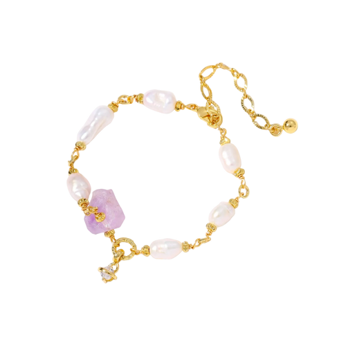 Gold-plated bracelet with lustrous baroque pearls and raw lavender amethyst centerpiece on white background.