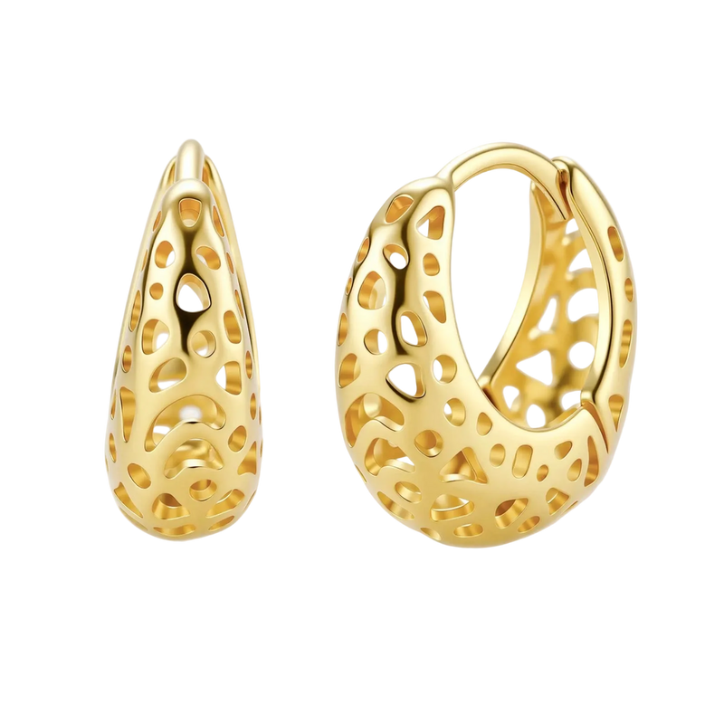 Close-up of small gold-plated hoop earrings with intricate honeycomb cutout pattern on cream background.