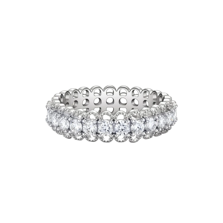Sterling silver eternity ring with continuous row of brilliant moissanite stones in scalloped crown setting with milgrain detail