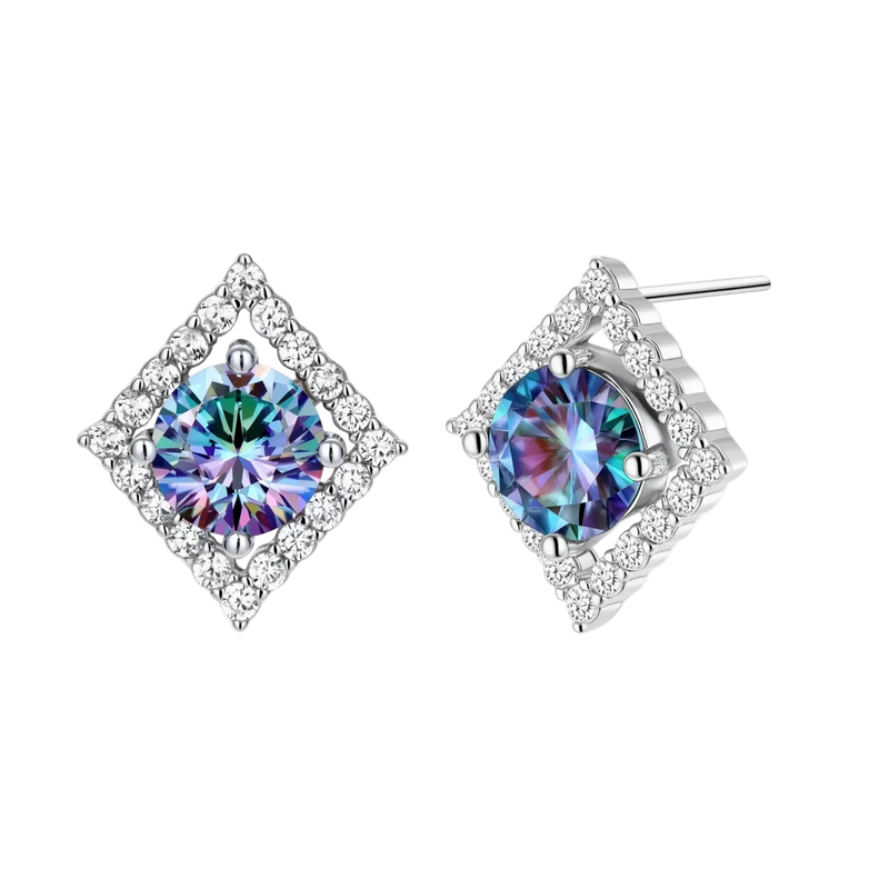 Diamond-shaped sterling silver stud earrings with rainbow moissanite centers surrounded by crystal halos