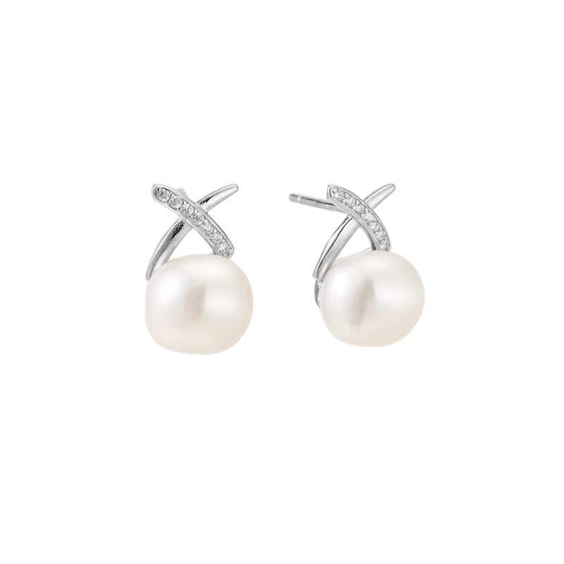 Rhodium-plated silver stud earrings with sparkling X design above lustrous round freshwater pearls on white background.