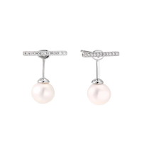Rhodium-plated sterling silver ear jacket earrings with diamond-set horizontal bar and freshwater pearl drop