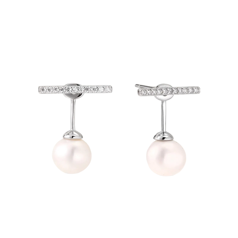 Rhodium-plated sterling silver ear jacket earrings with diamond-set horizontal bar and freshwater pearl drop