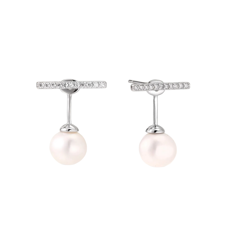 Rhodium-plated sterling silver ear jacket earrings with diamond-set horizontal bar and freshwater pearl drop