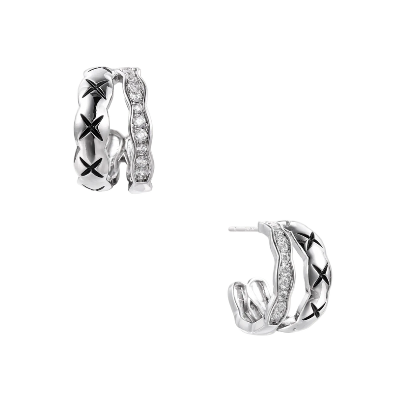Triple-row white gold hoops with black X-pattern, twisted band, and pavé zirconia stones on white background.