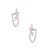 Pair of silver star-shaped ear climbers with pink zirconia stones connected by delicate chains