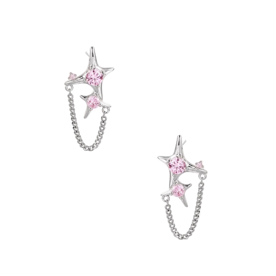 Pair of silver star-shaped ear climbers with pink zirconia stones connected by delicate chains