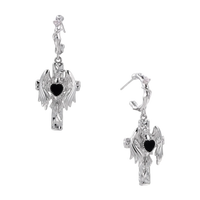 Silver-toned drop earrings with angel wings framing a black heart-shaped stone, white gold plated brass with S925 posts