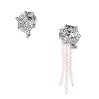 Silver-toned sculptural panther head earrings with zirconia details and white pearl drops on cream background