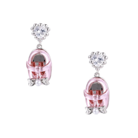 Pink translucent cage earrings with heart-shaped zirconia tops and pearl accents on white gold plated posts.