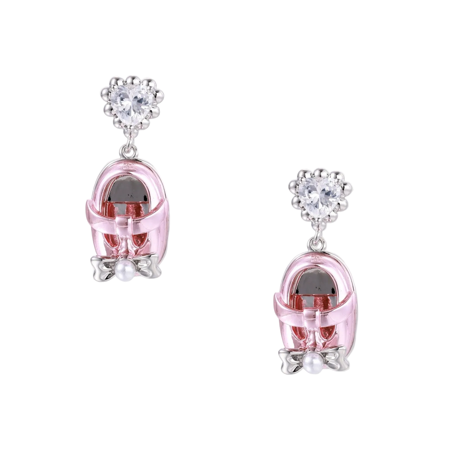 Pink translucent cage earrings with heart-shaped zirconia tops and pearl accents on white gold plated posts.