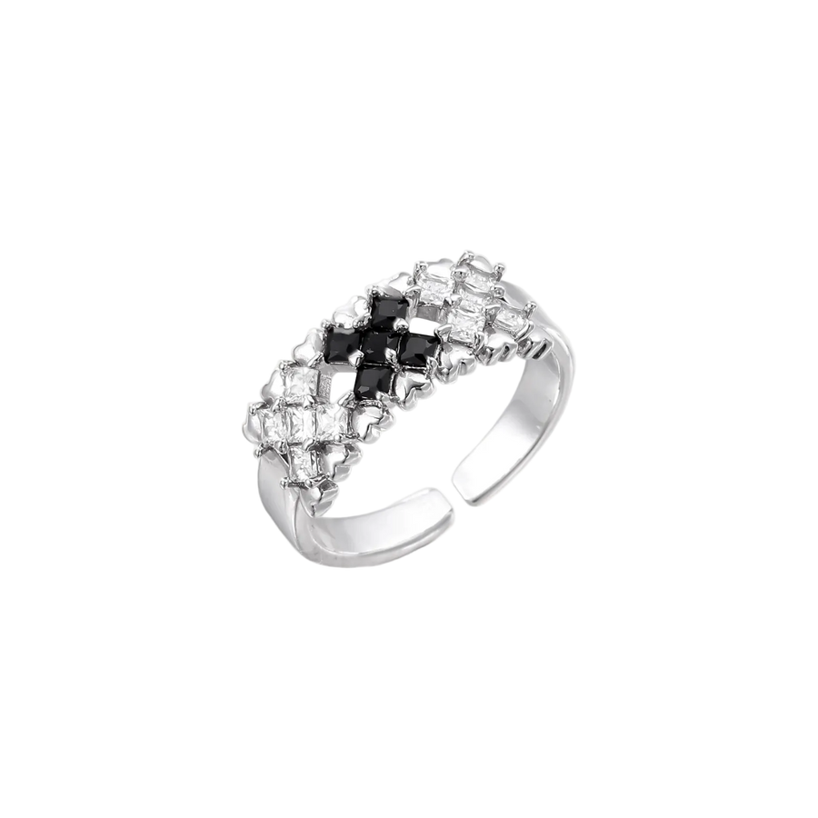 Adjustable white gold plated ring with geometric grid of black and clear zirconia stones in checkerboard pattern