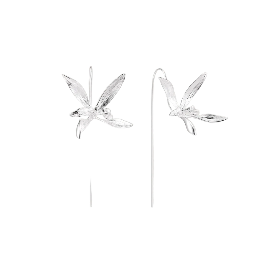 Delicate sterling silver dragonfly earrings with textured wings and curved threader hooks on white background