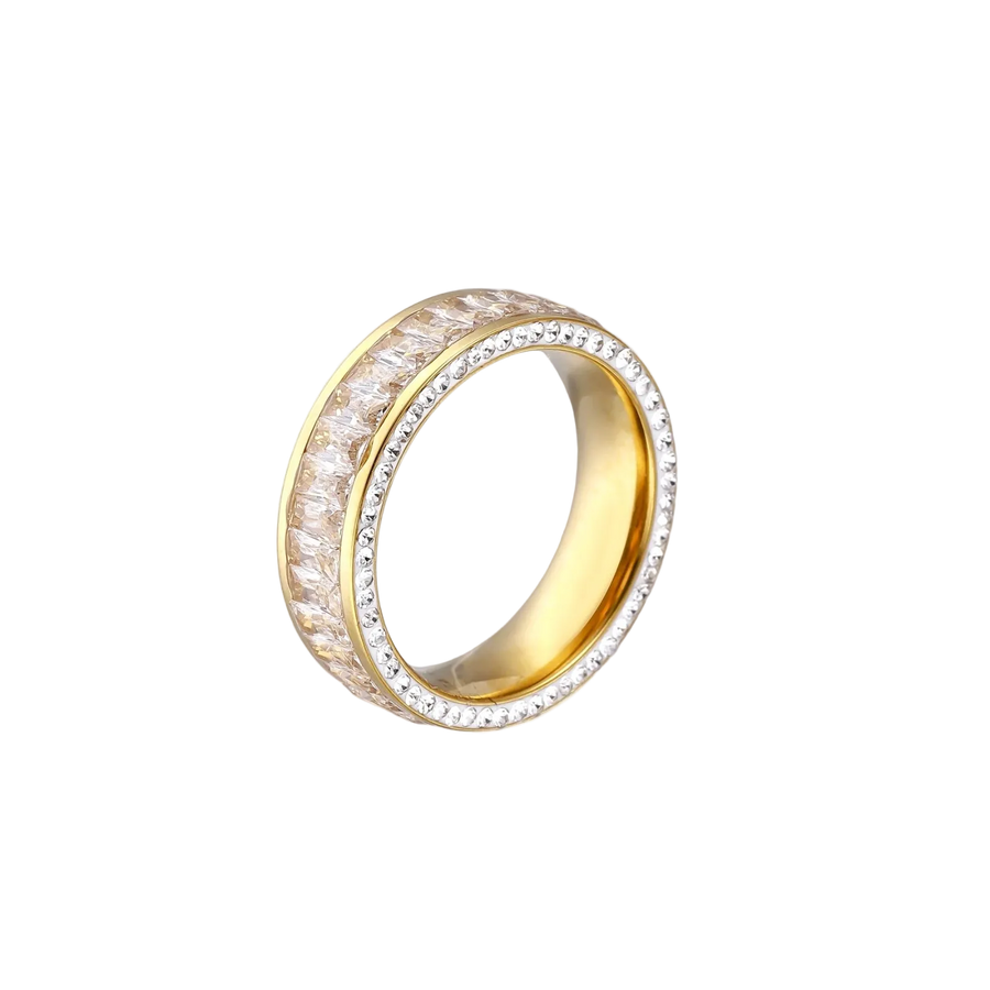 14K gold-plated ring with dual rows of clear baguette and round zirconia stones on cream background.