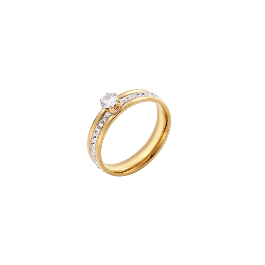 Gold-plated double-band ring with center rhinestone solitaire and channel-set stones on white background