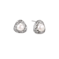 Triangular white gold plated stud earrings with central freshwater pearl and baguette-cut stones on white background