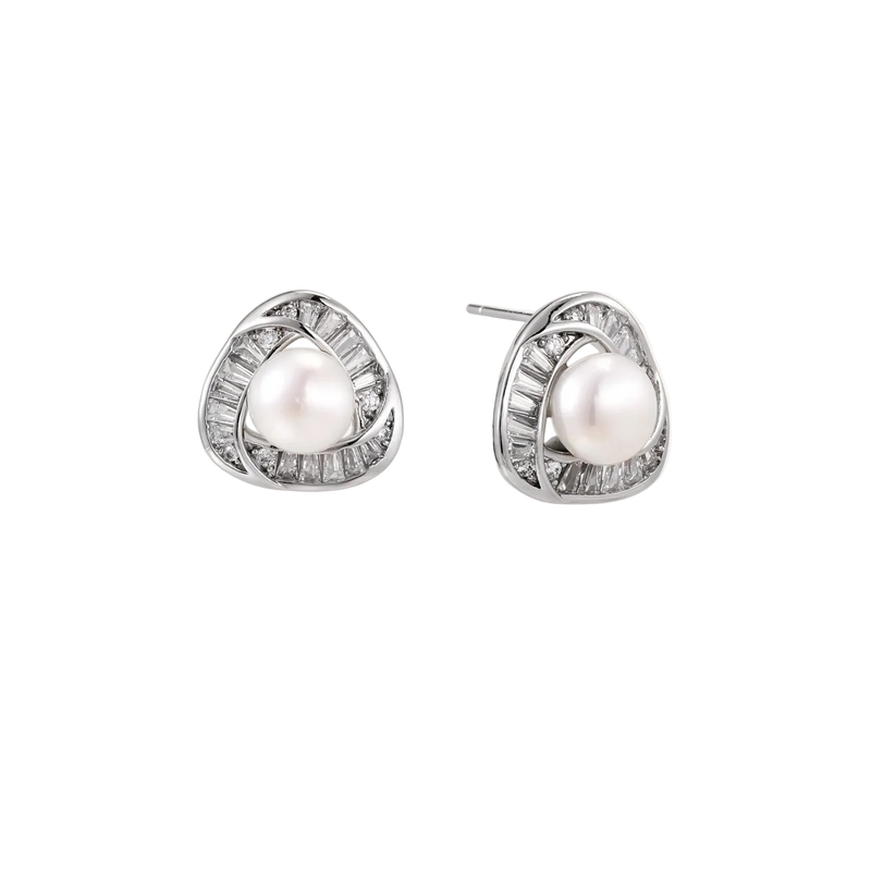 Triangular white gold plated stud earrings with central freshwater pearl and baguette-cut stones on white background