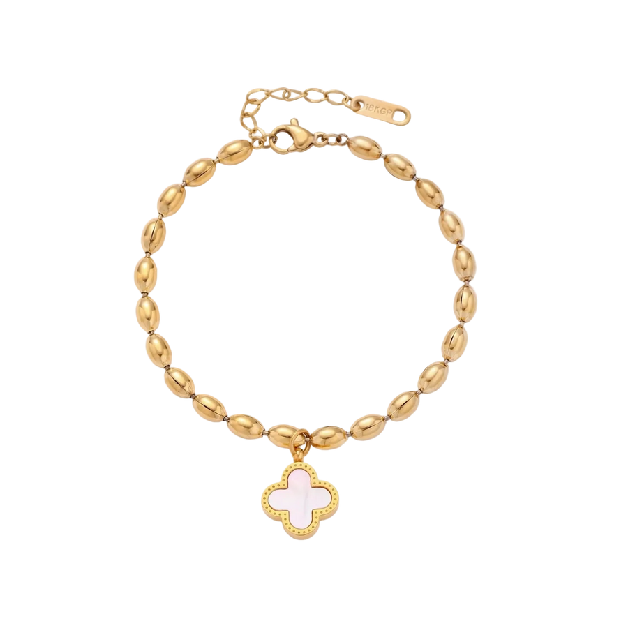 18K gold-plated oval bead bracelet with a four-leaf clover charm in mother-of-pearl or black enamel, adjustable lobster clasp, on white background.