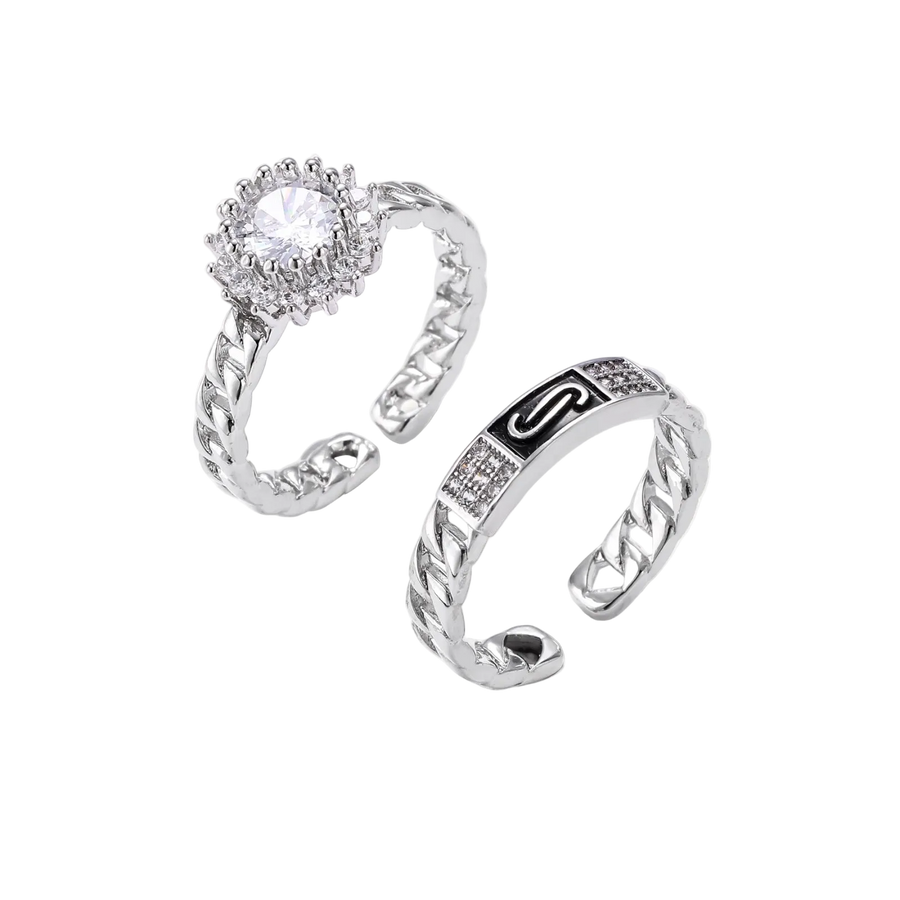 Two adjustable white gold plated rings with chain-link bands, featuring cubic zirconia halo and enamel details