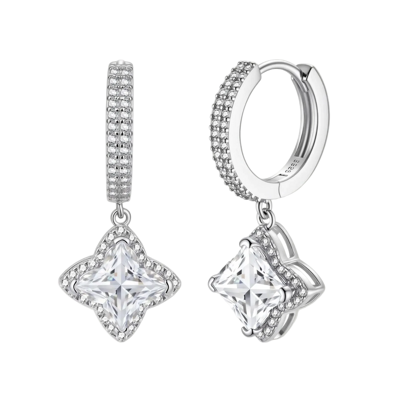 Sterling silver huggie hoops with geometric diamond-shaped moissanite dangles featuring pavé crystal details