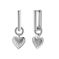 Platinum-plated 925 sterling silver rectangular hoop earrings with twisted ring connector and ribbed heart charm pendant.