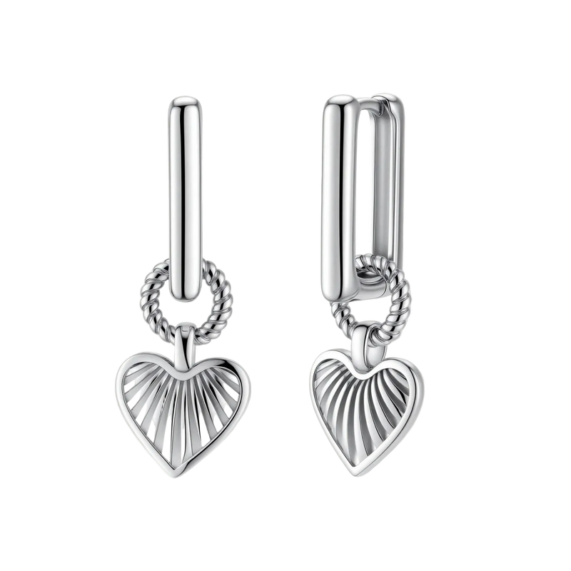 Platinum-plated 925 sterling silver rectangular hoop earrings with twisted ring connector and ribbed heart charm pendant.