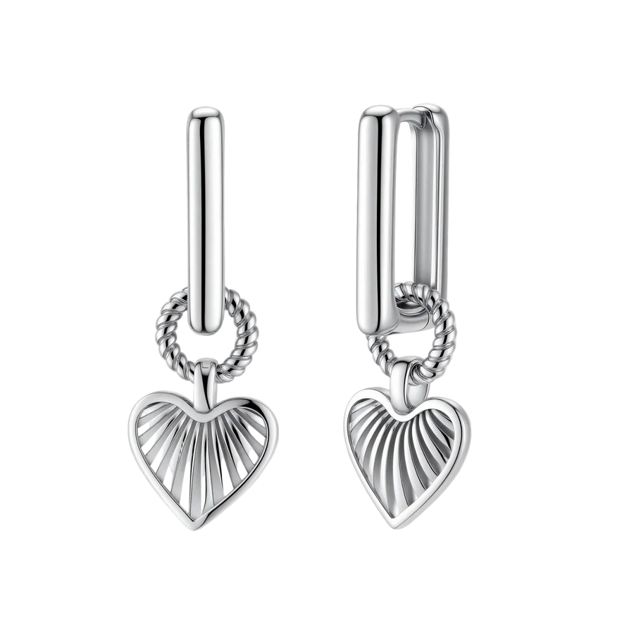 Platinum-plated 925 sterling silver rectangular hoop earrings with twisted ring connector and ribbed heart charm pendant.