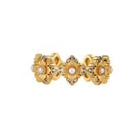 Gold-plated adjustable ring with multiple flower motifs, each featuring a central pearl and cubic zirconia stones