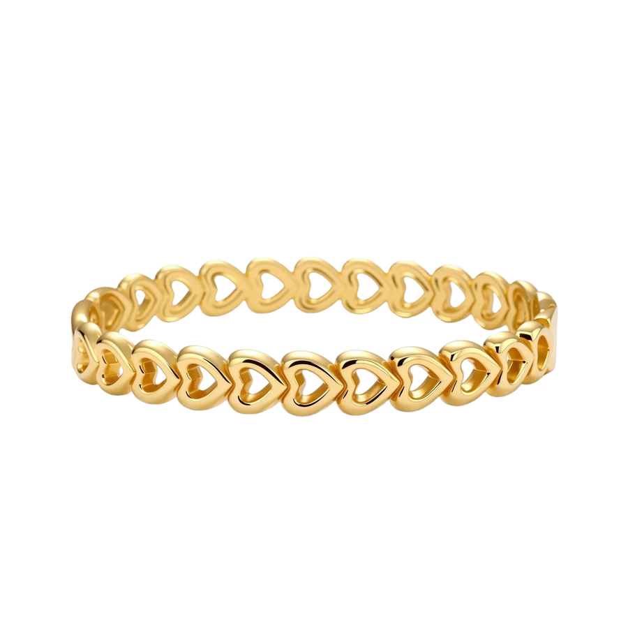 Gold 18K plated stainless steel bangle with continuous open heart links, high-polish finish, on white background.