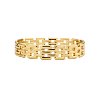 Wide 18K gold plated stainless steel bracelet with a multi-row rectangular grid link chain pattern on a cream background.