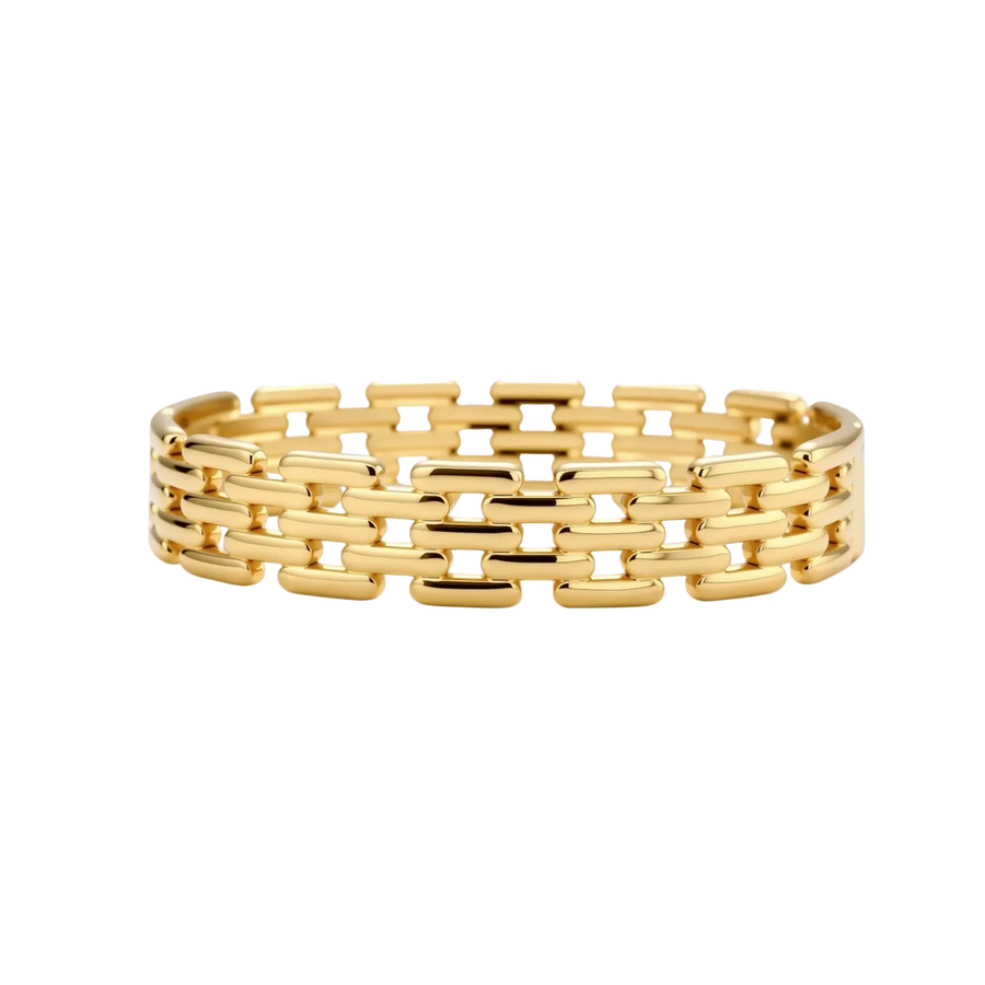 Wide 18K gold plated stainless steel bracelet with a multi-row rectangular grid link chain pattern on a cream background.
